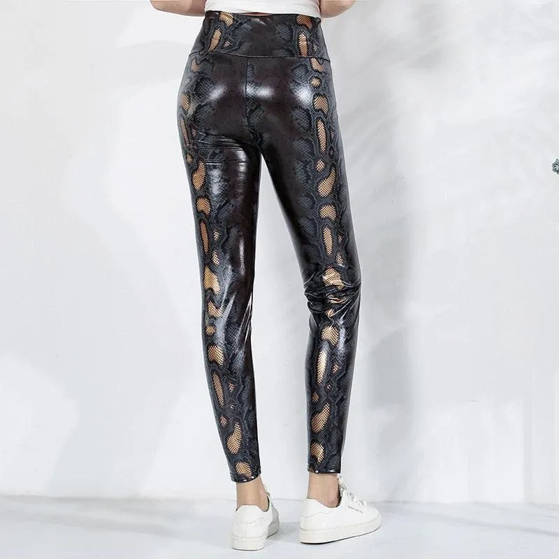 Sexy High-Waist Leather Leggings with Snake Print - Casual and Slim Fit Design for Buttocks