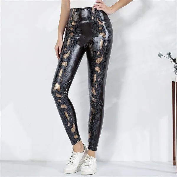 Sexy High-Waist Leather Leggings with Snake Print - Casual and Slim Fit Design for Buttocks