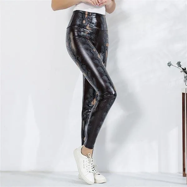 Sexy High-Waist Leather Leggings with Snake Print - Casual and Slim Fit Design for Buttocks