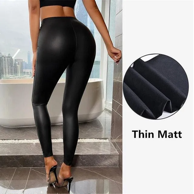 Sexy High-Waist PU Leather Leggings with Push-Up Hip Design