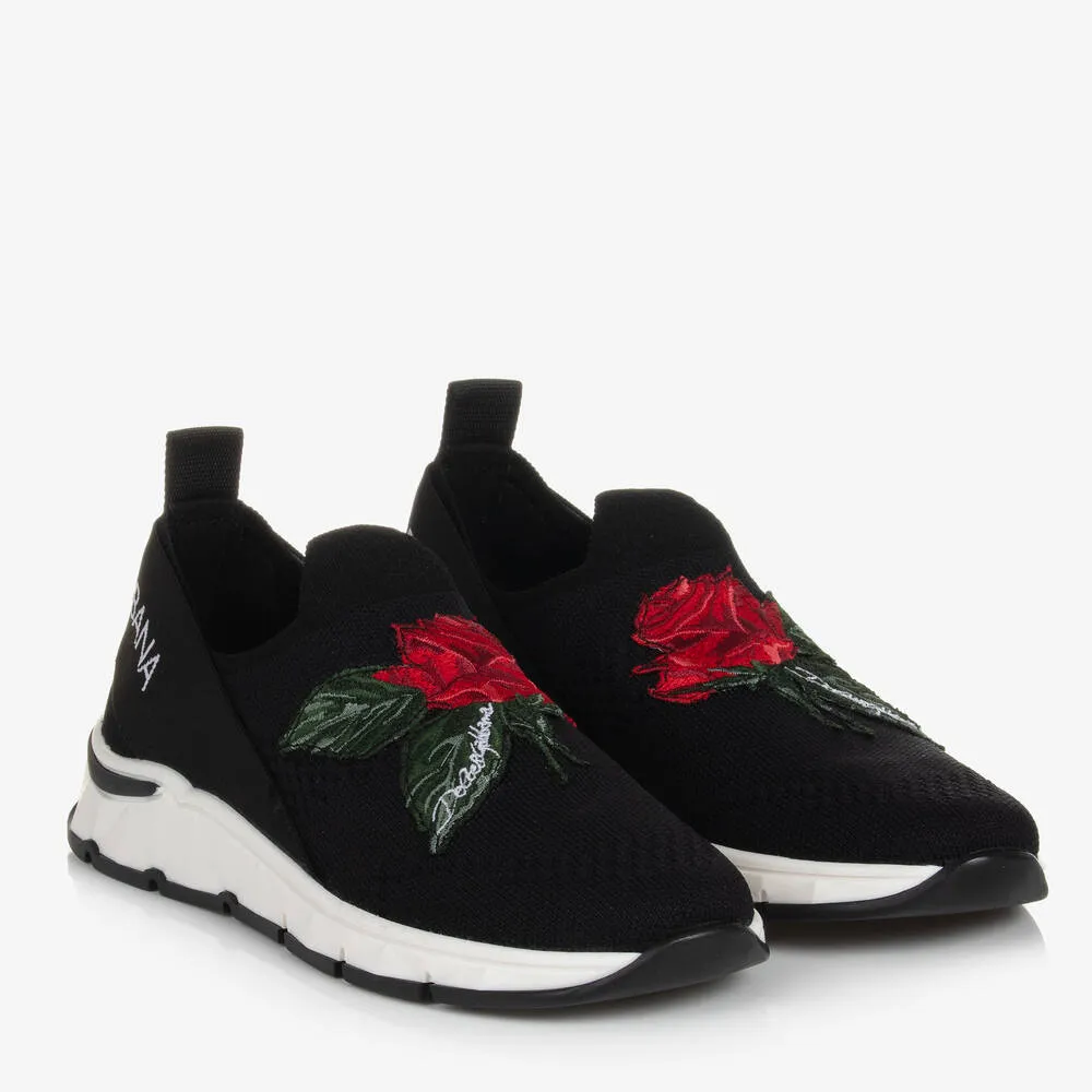 Teen Girls Black Rose Slip-On Trainers