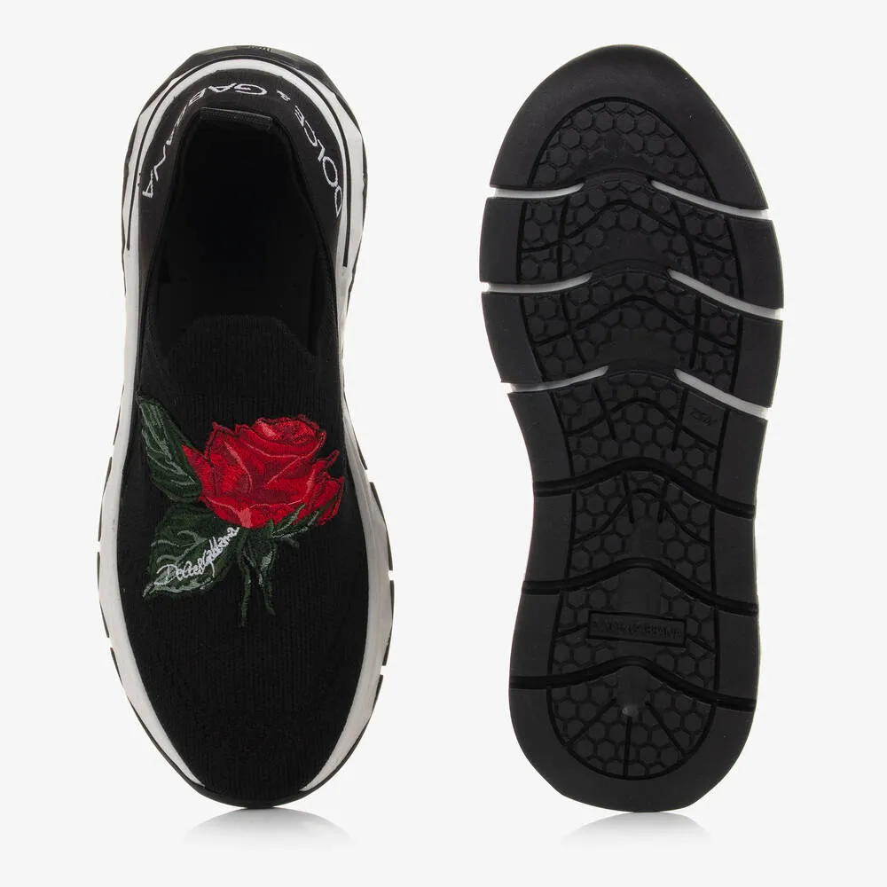 Teen Girls Black Rose Slip-On Trainers