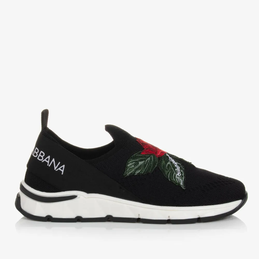 Teen Girls Black Rose Slip-On Trainers