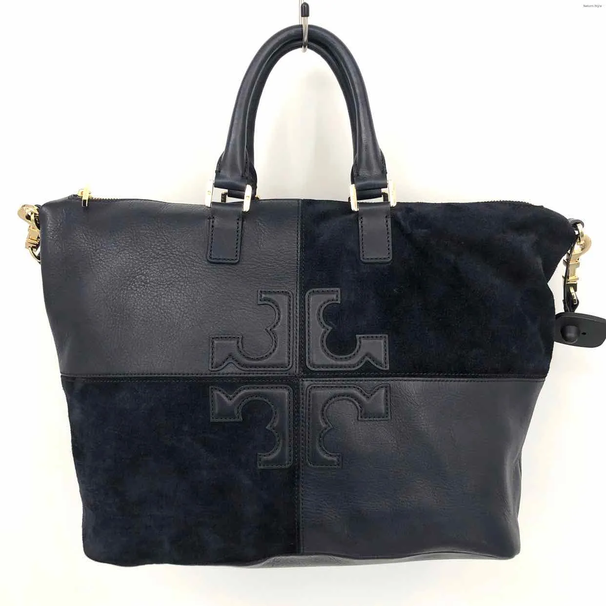 TORY BURCH Navy Gold Leather & Suede Patchwork Zip Top Tote 14 6 11 in Purse