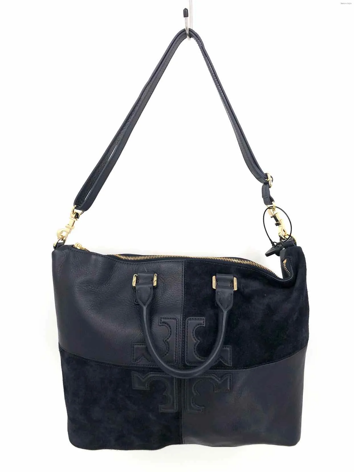 TORY BURCH Navy Gold Leather & Suede Patchwork Zip Top Tote 14 6 11 in Purse