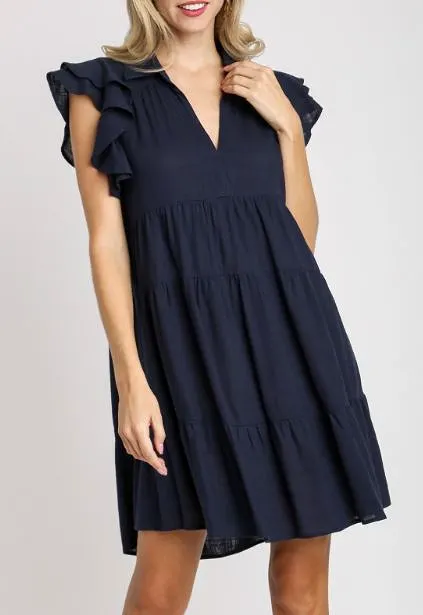 Umgee Ruffle Sleeve Dress - Navy