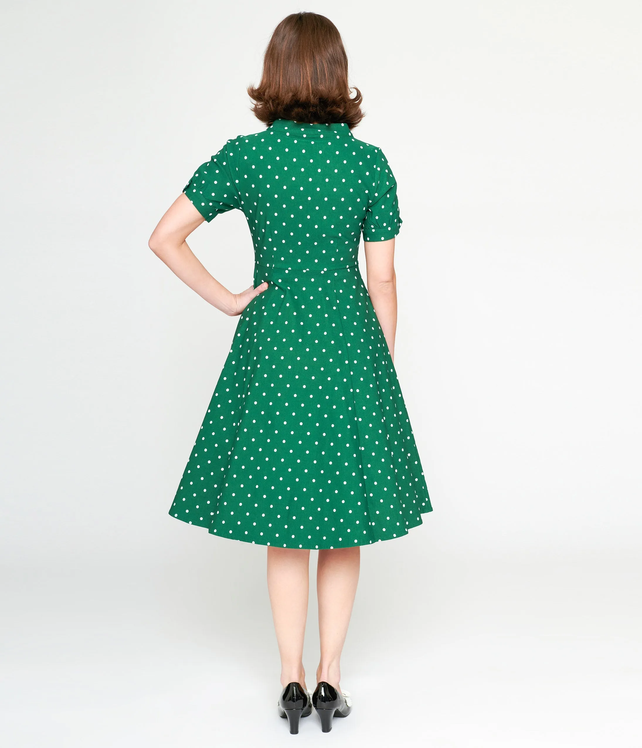 Unique Vintage 1950s Green & White Pin Dot Contrast Button Swing Dress