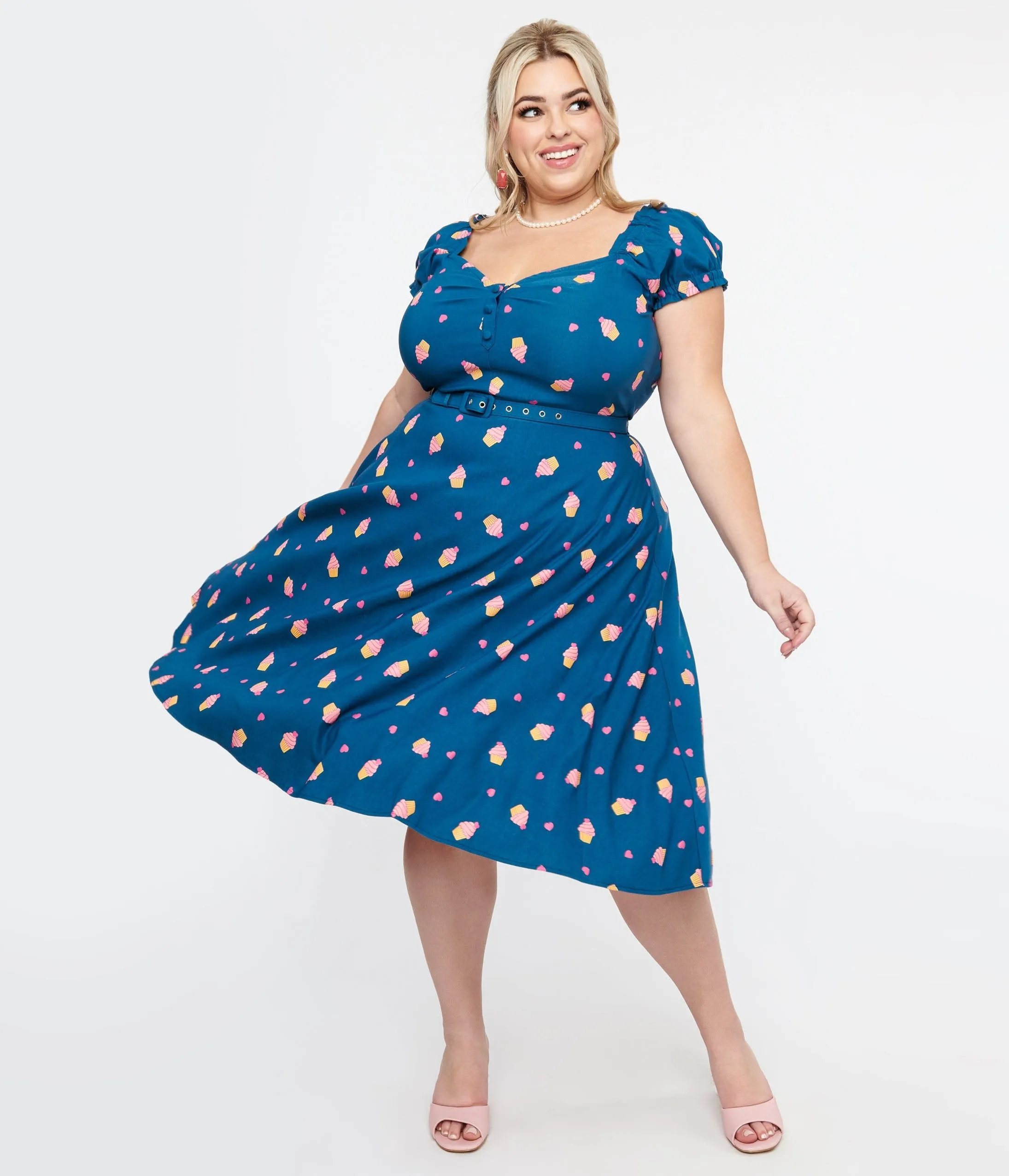 Unique Vintage Plus Size 1950s Teal & Cupcake Stamp Ohara Swing Dress