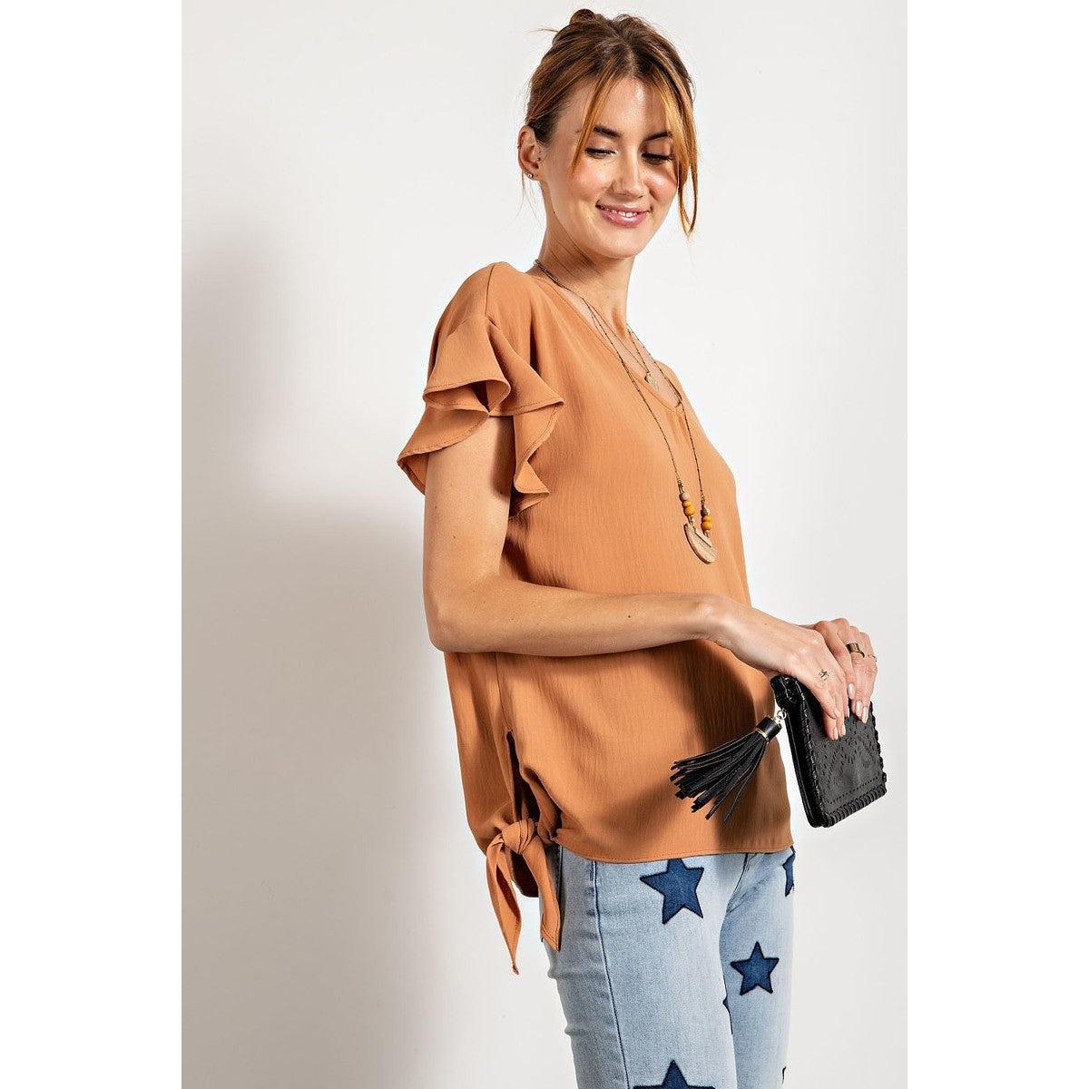 V Neckline Wing Sleeves Woven Top