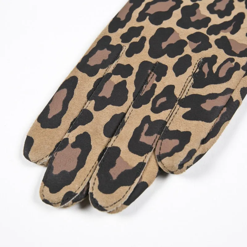 Women's Goatskin Leather Leopard Printed Casual Driving Mittens