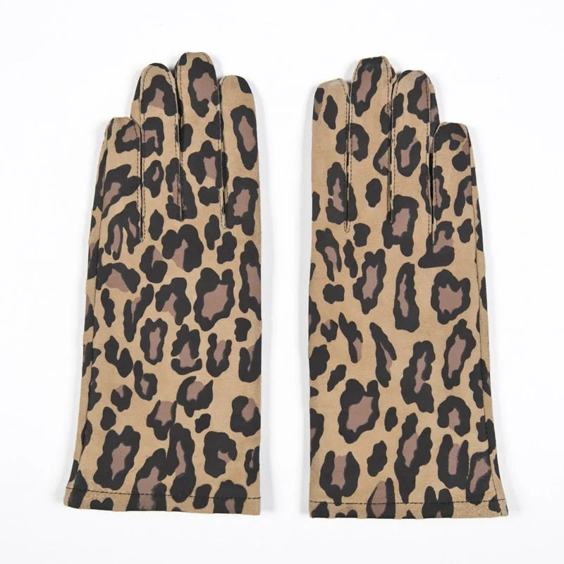 Women's Goatskin Leather Leopard Printed Casual Driving Mittens